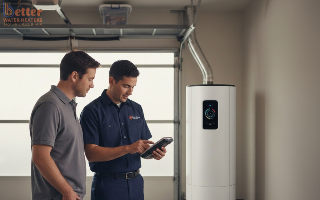 Licensed water heater specialist Bay Area explaining SB 244 diagnostic tools to a homeowner