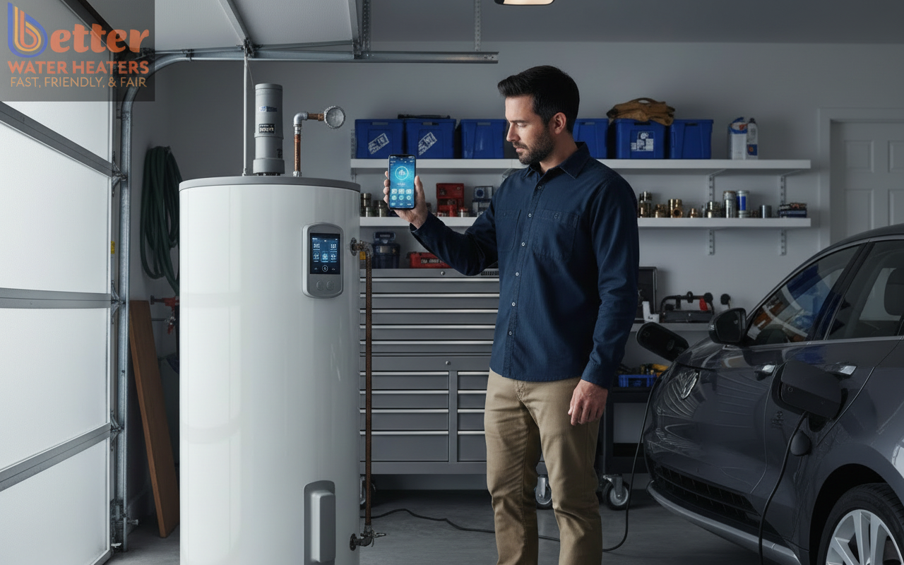 Smart Home Integration showing a heat pump water heater with a digital controller in a modern garage