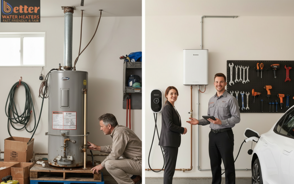 Before and after comparison showing a space-saving water heater reclaiming garage floor space for an EV charger.