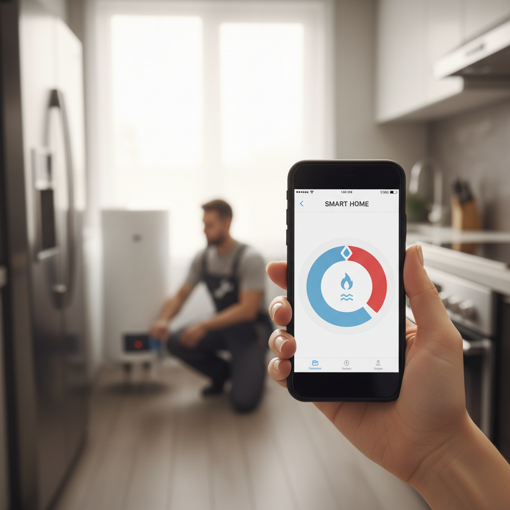 Smart Water Heater Technology Homeowner using a smartphone app to manage a grid-integrated heat pump water heater
