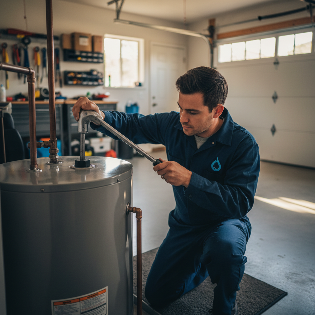 Professional sacrificial anode rod service being performed on a Peninsula home water heater