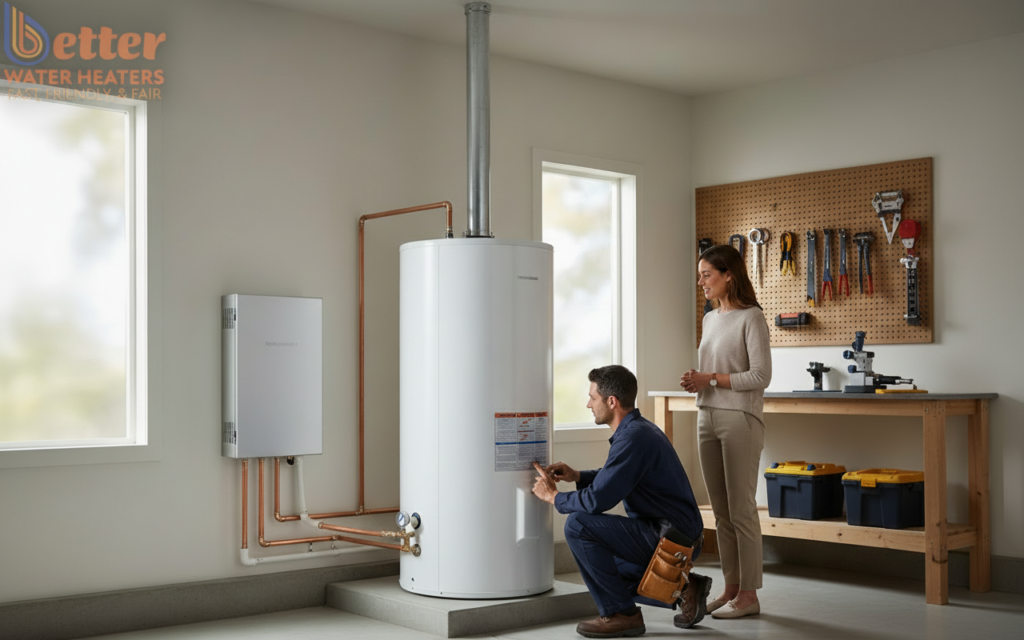 A modern heat pump water heater during power outage with a battery backup system in a Marin County home.