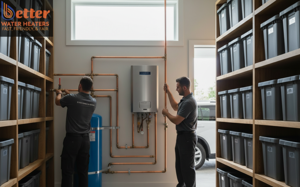 A professionally installed water heater expansion tank with seismic strapping in a Bay Area home.