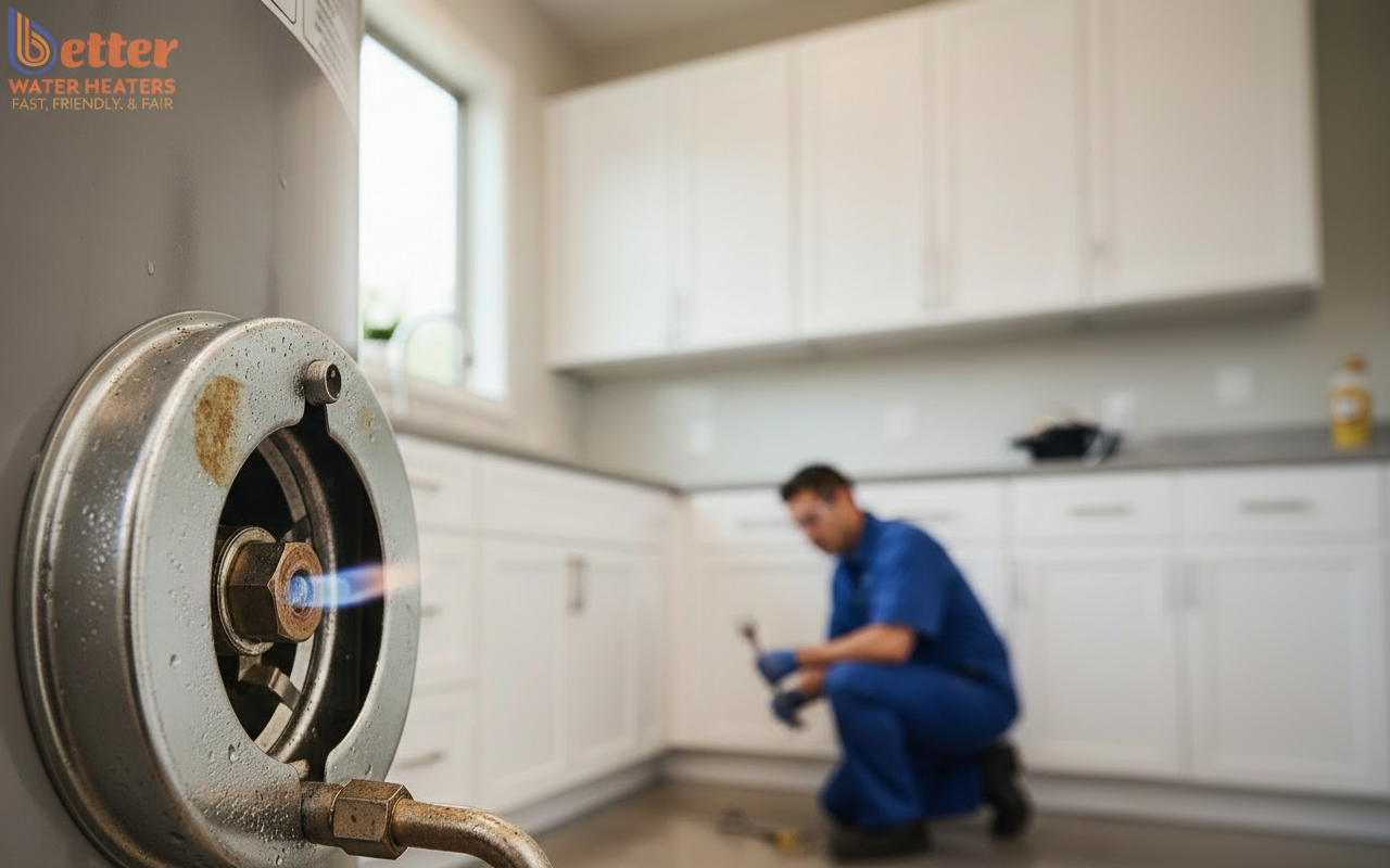 Close up of a water heater pilot light keeps going out due to moisture