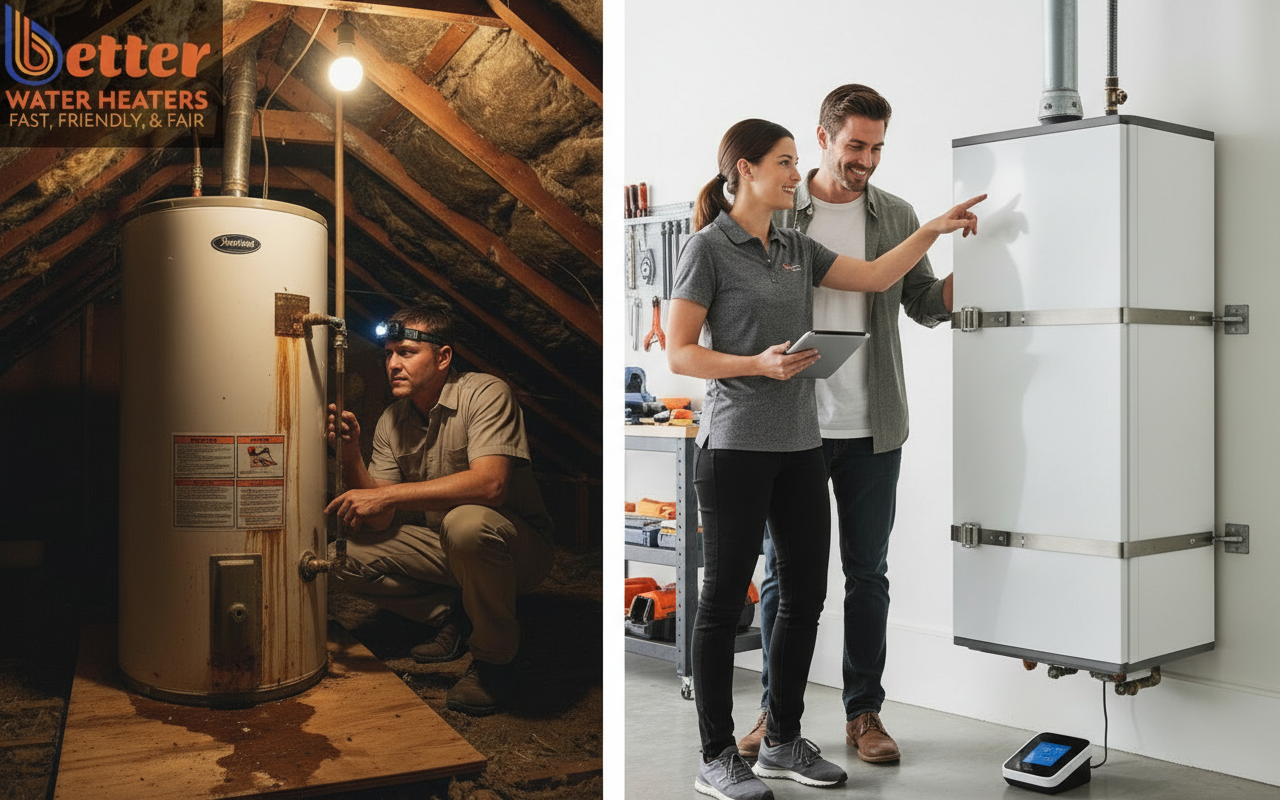 Comparison of risky attic installation vs safe water heater relocation in a Bay Area garage