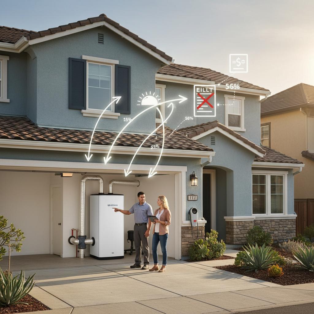 Infographic showing heat pump water heater rebates CA and energy efficiency benefits