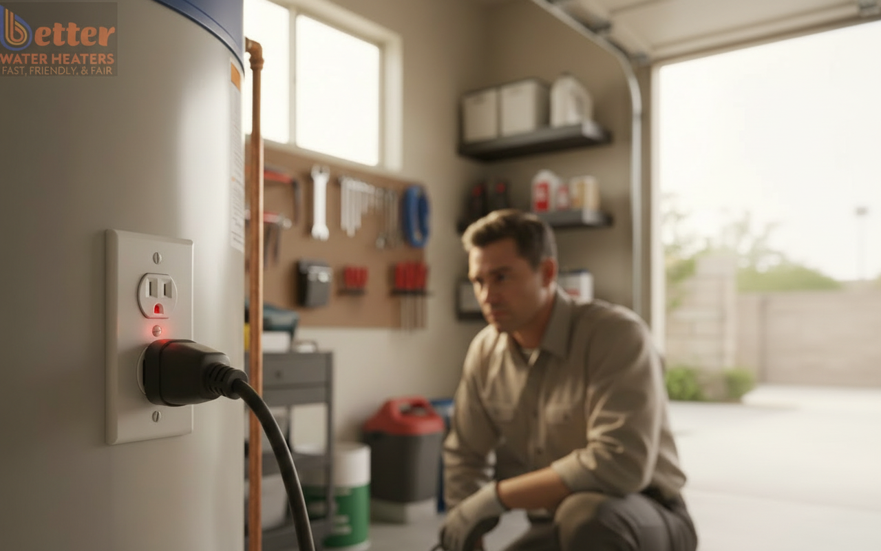 Close-up of a water heater tripping GFCI outlet with red warning light in a residential garage
