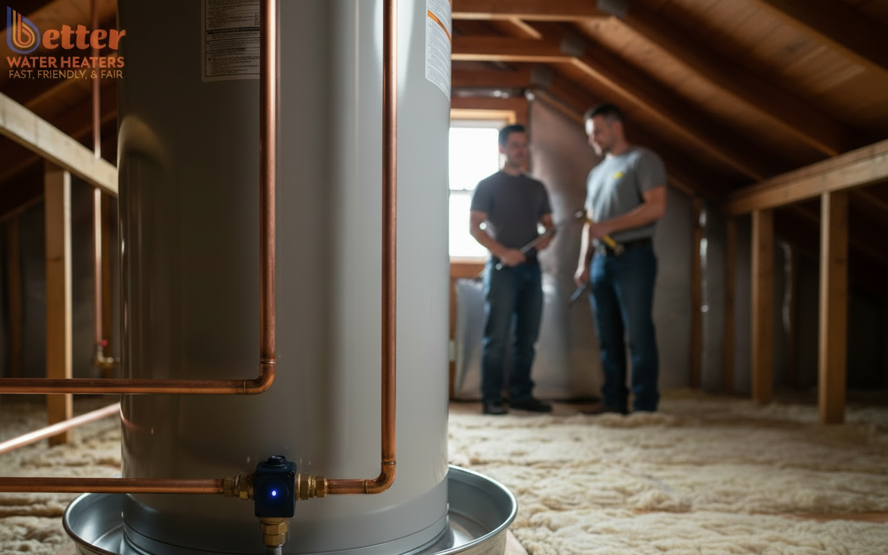 A compliant attic water heater installation featuring a secondary drain pan and automatic shutoff valve