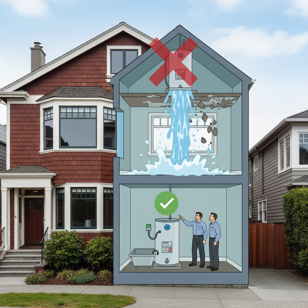 Infographic comparing a failed attic water heater with a code-compliant installation