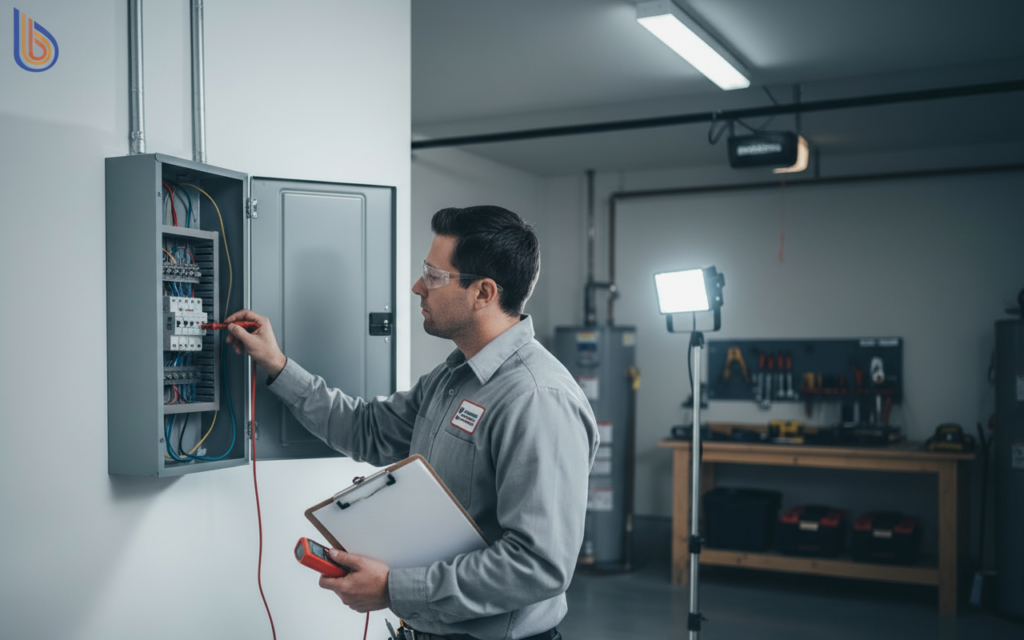 An electrician performing a Bay Area electrical panel audit to check for heat pump capacity