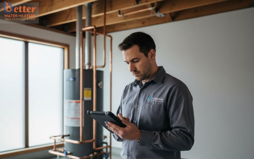 Technician performing a heat pump load calculation in a Bay Area home