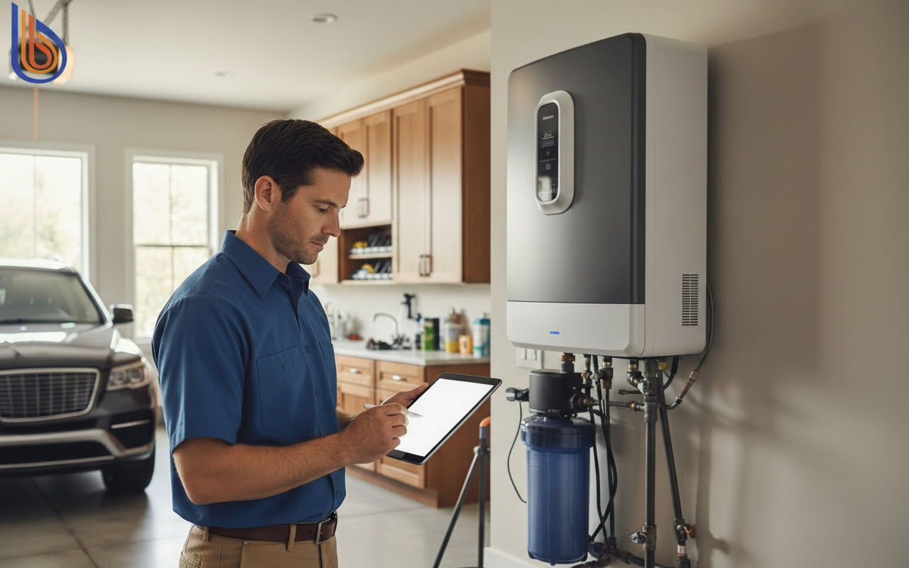 Professional plumber using a tablet for the water heater permit process