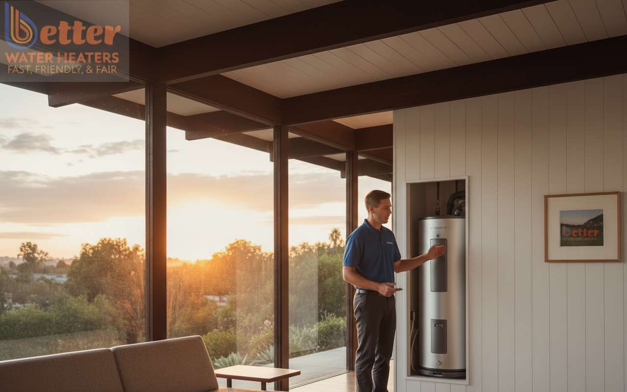 Professional install of an Eichler home water heater in a mid-century modern utility closet