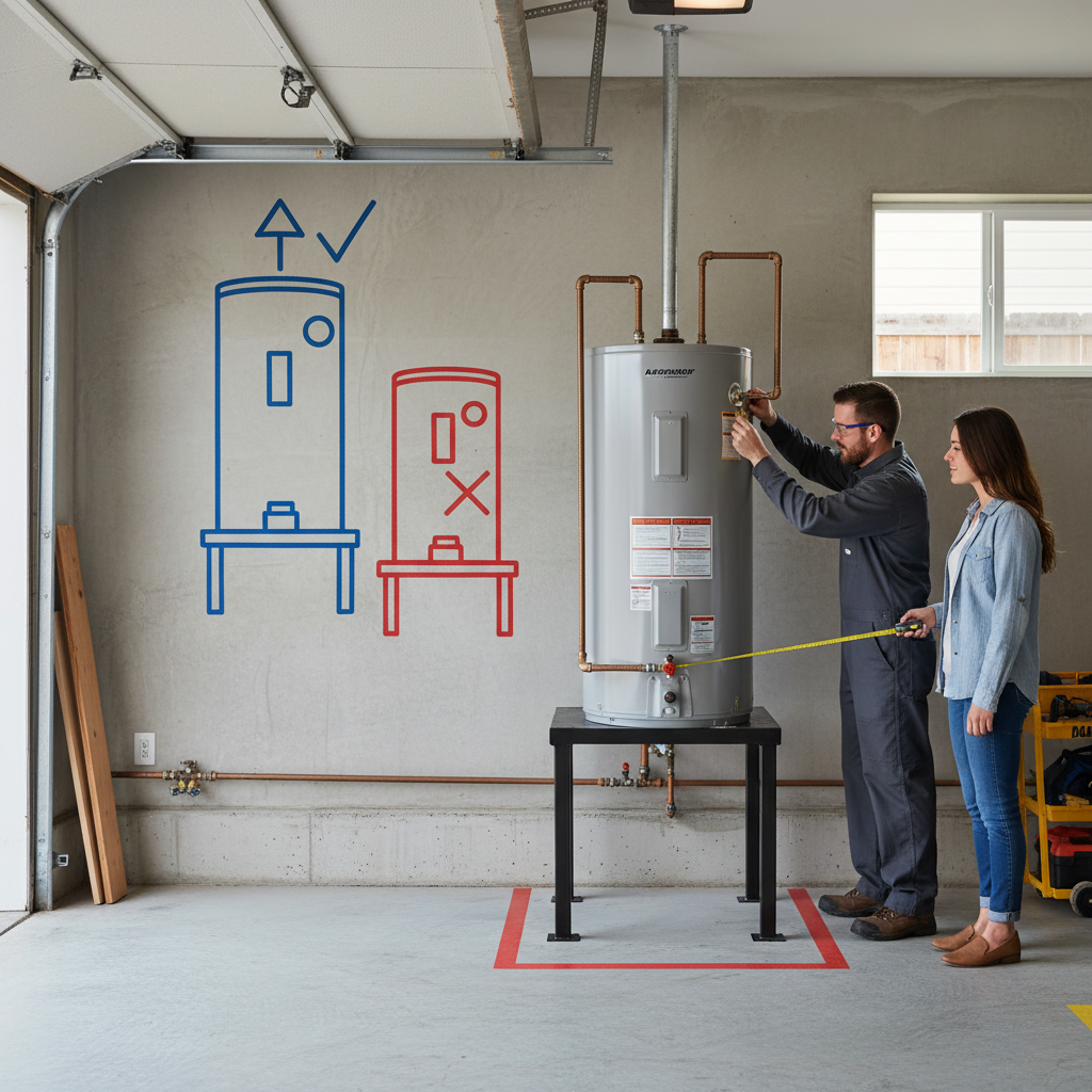 Infographic explaining water heater clearance requirements and 18-inch elevation rule