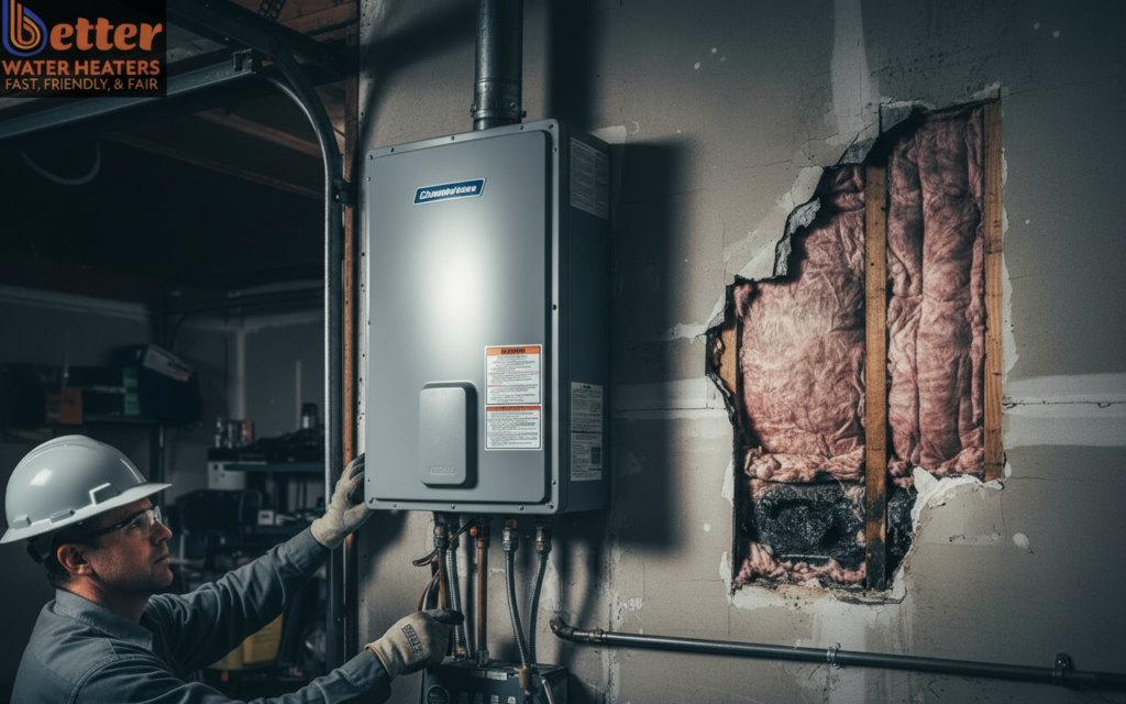 A non-compliant tankless installation safety violation showing a hole in the garage firewall.