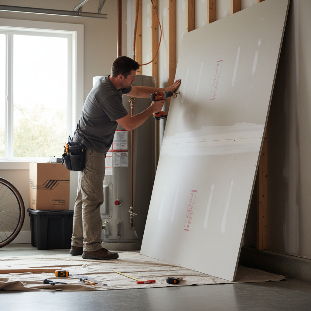 Professional installation of Type X drywall for garage fire code compliance.