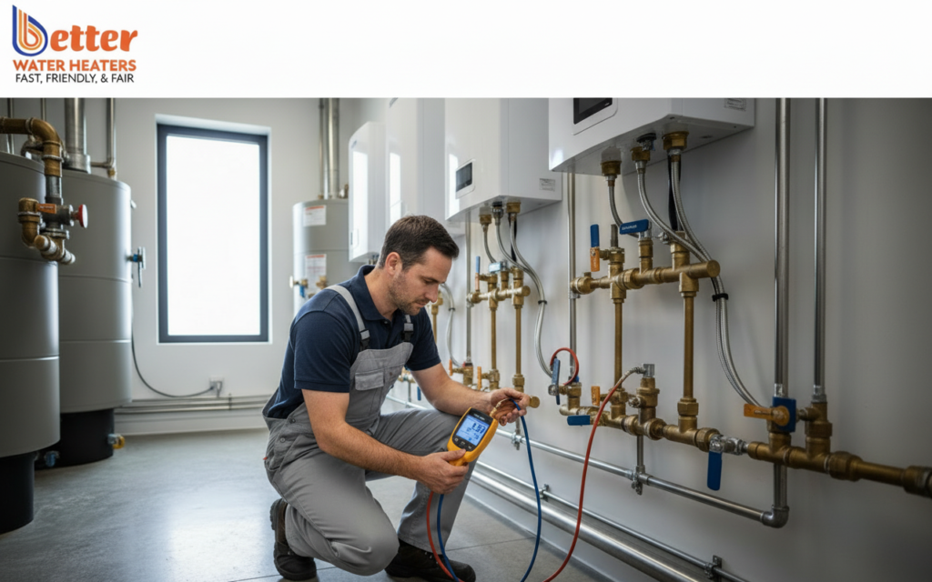 Professional checking gas line BTU load with a manometer in a utility room