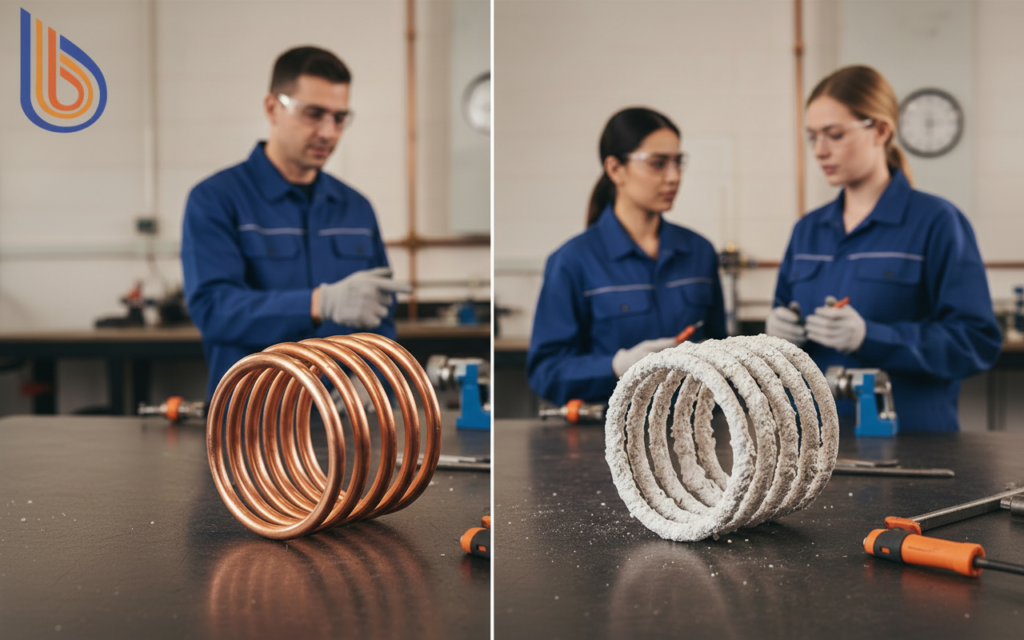 Comparison of clean vs scaled heat exchanger showing hard water heat pump damage