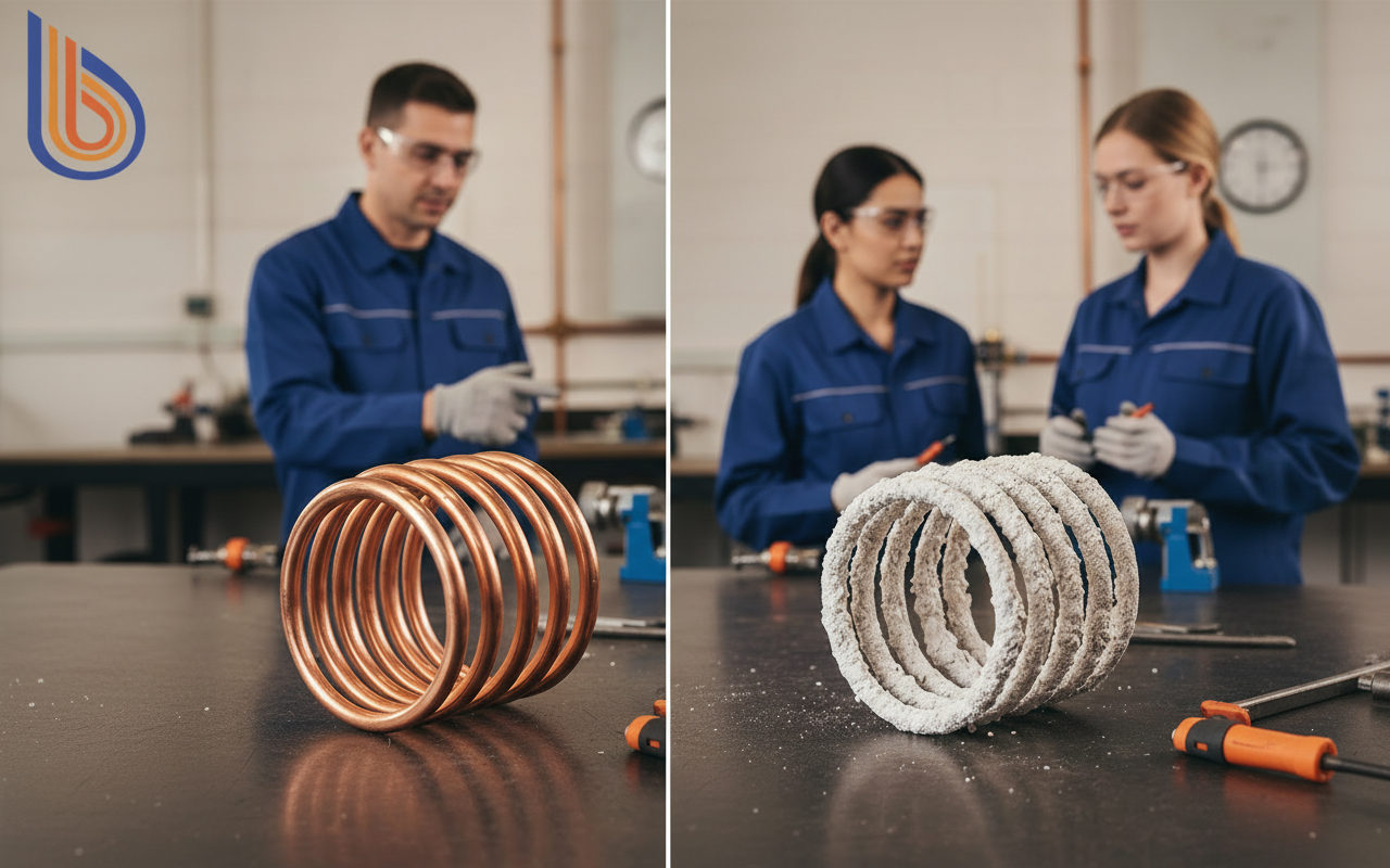 Comparison of clean vs scaled heat exchanger showing hard water heat pump damage