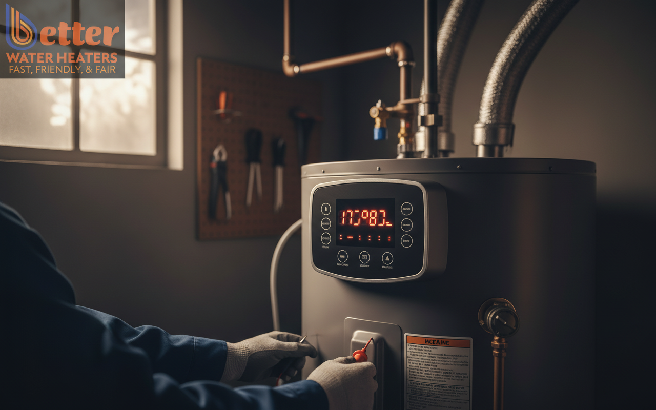 A digital display on a water heater showing a heat pump efficiency ghost error