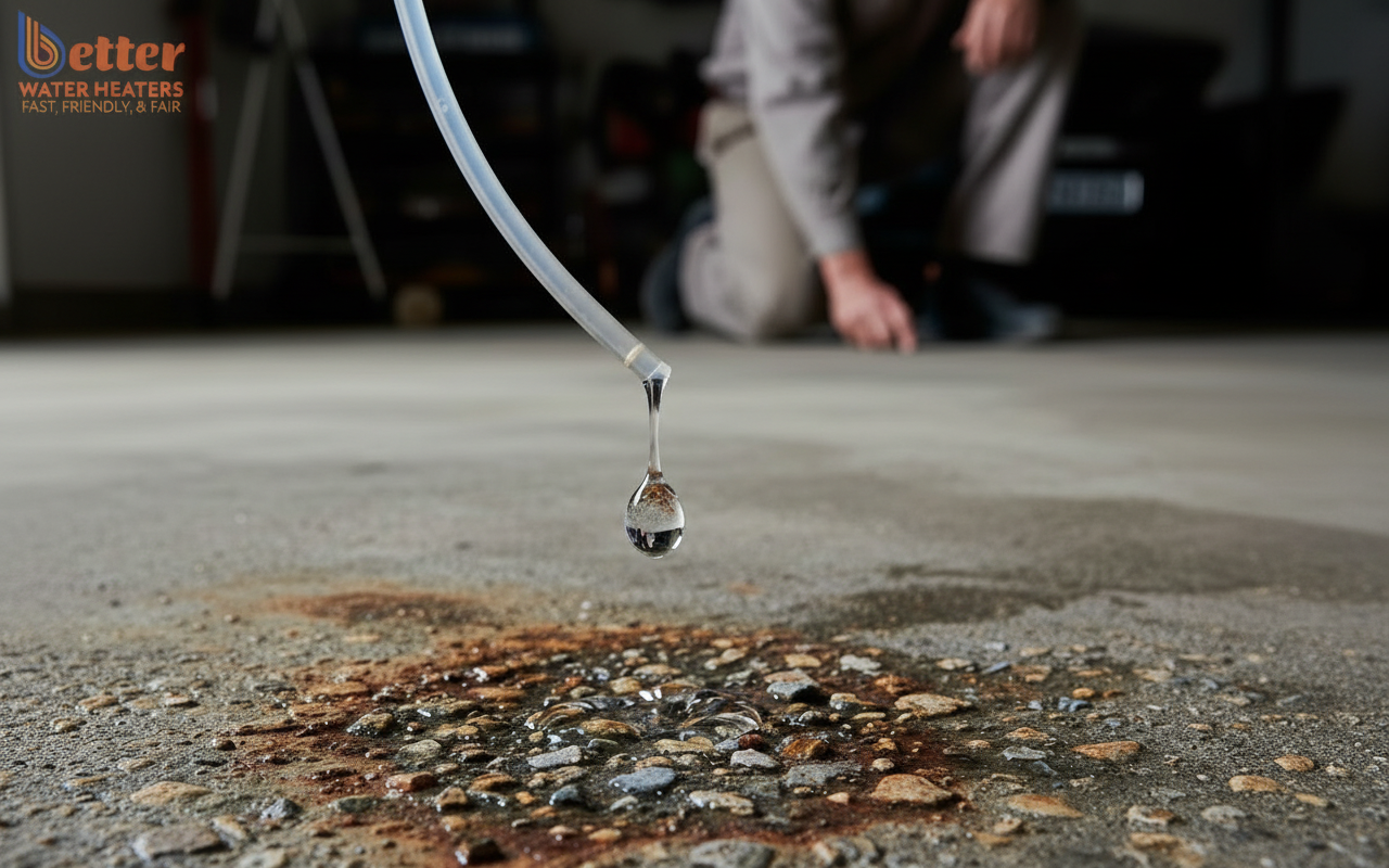Close-up of heat pump water heater floor damage showing concrete pitting and spalling
