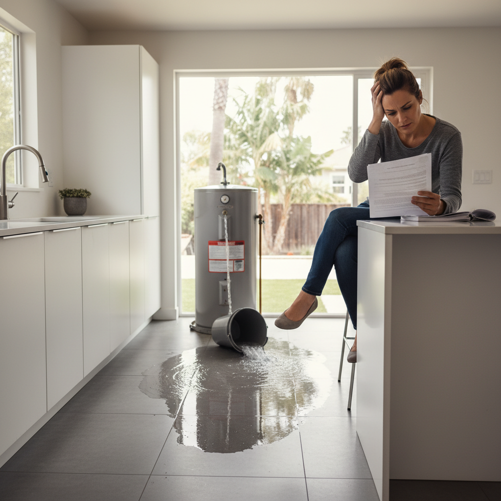 Frustrated homeowner dealing with a home warranty water heater claim in the Bay Area