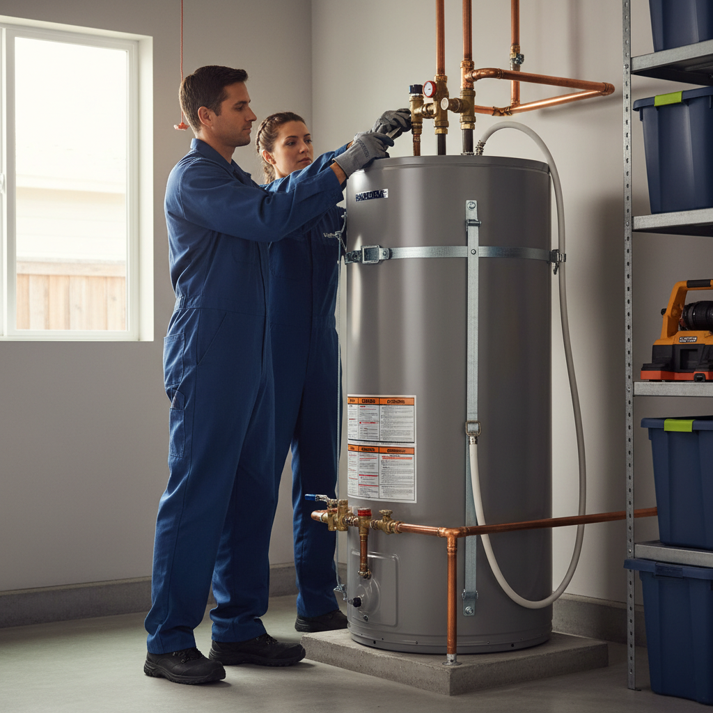 Professional hybrid water heater sizing installation in a Bay Area garage