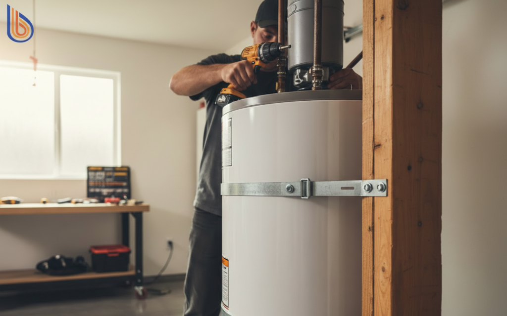 Professional installation of water heater seismic bracing in a Bay Area home