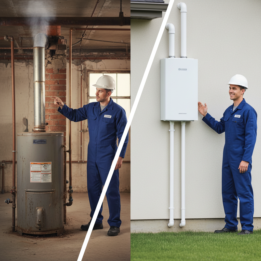 Comparison of water heater venting for plumbing code compliance in old vs new homes