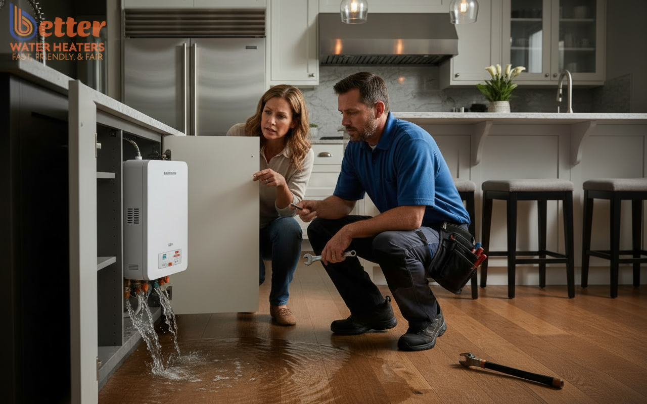Catastrophic point of use water heater failure causing flood in a luxury kitchen