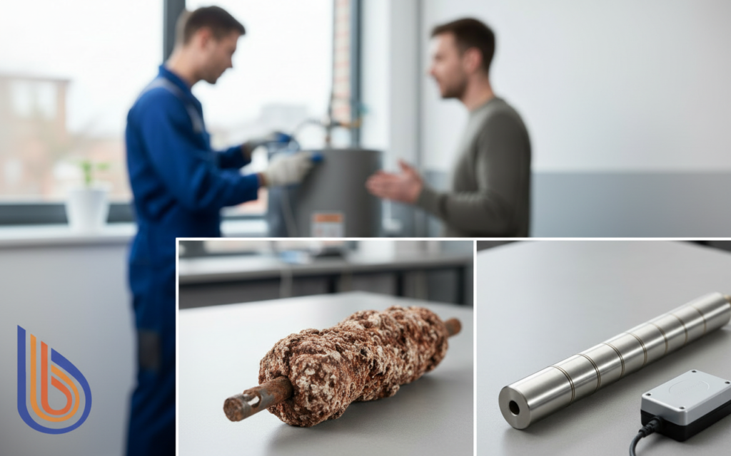 Comparison of corroded magnesium rod and powered anode rod installation