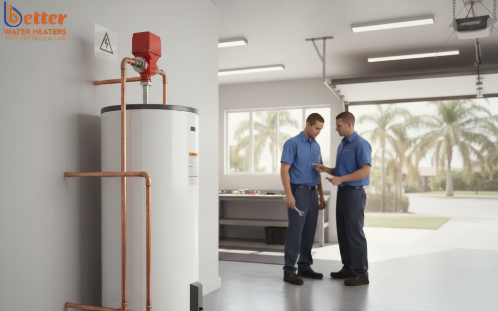 A hot water recirculation loop pump installed on a modern hybrid heat pump water heater showing potential warranty risks.