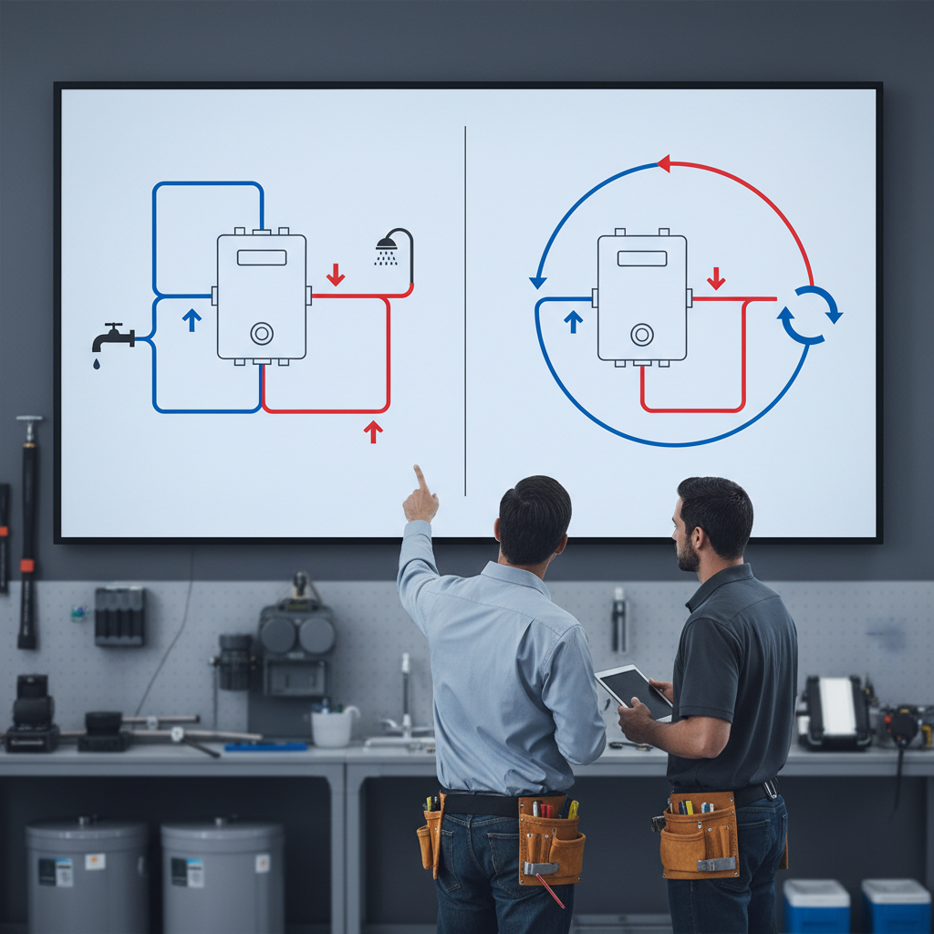 Diagram comparing on-demand hot water flow vs recirculation loop
