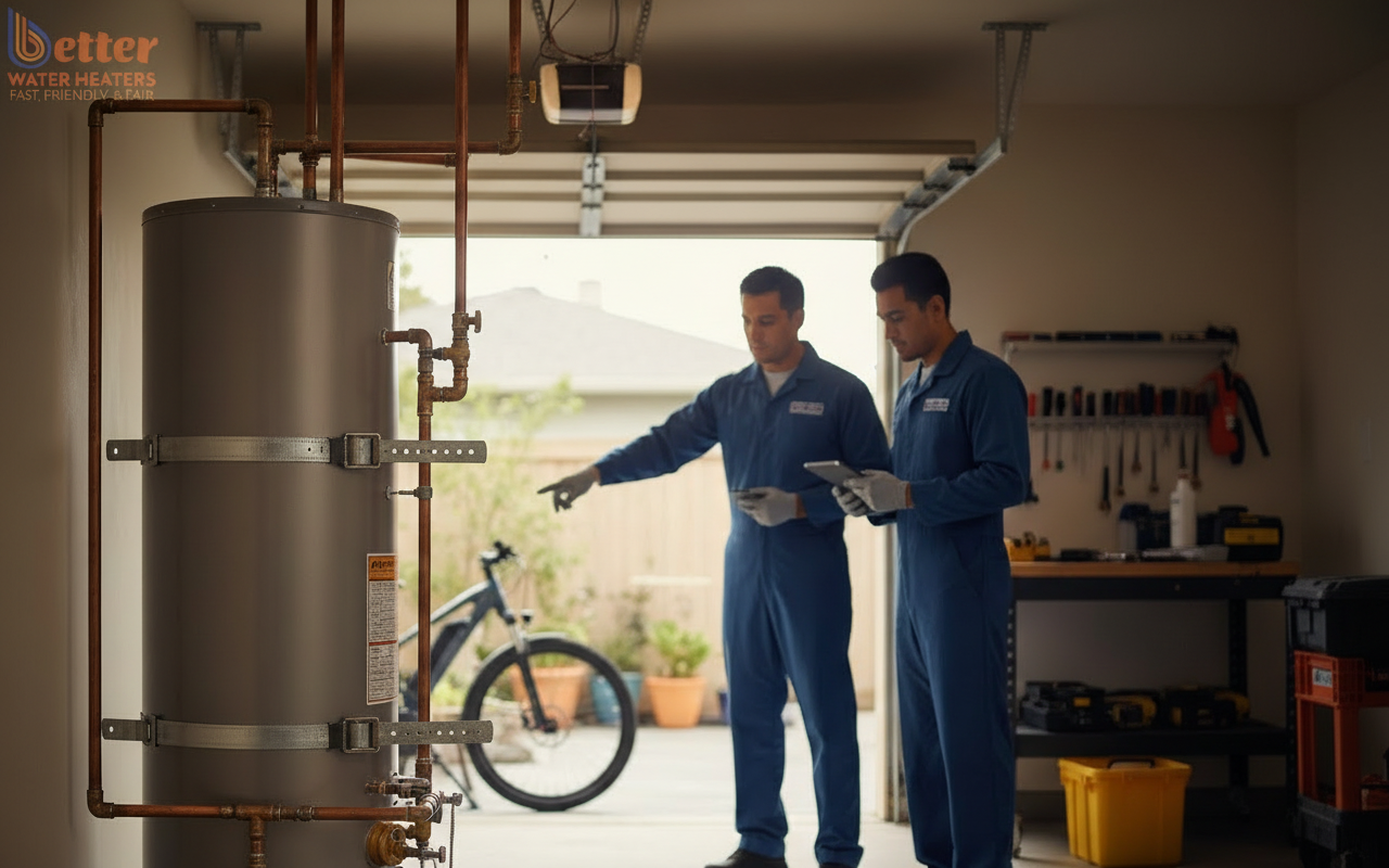 High-capacity water heater reliability framework installation in a Bay Area home with seismic straps