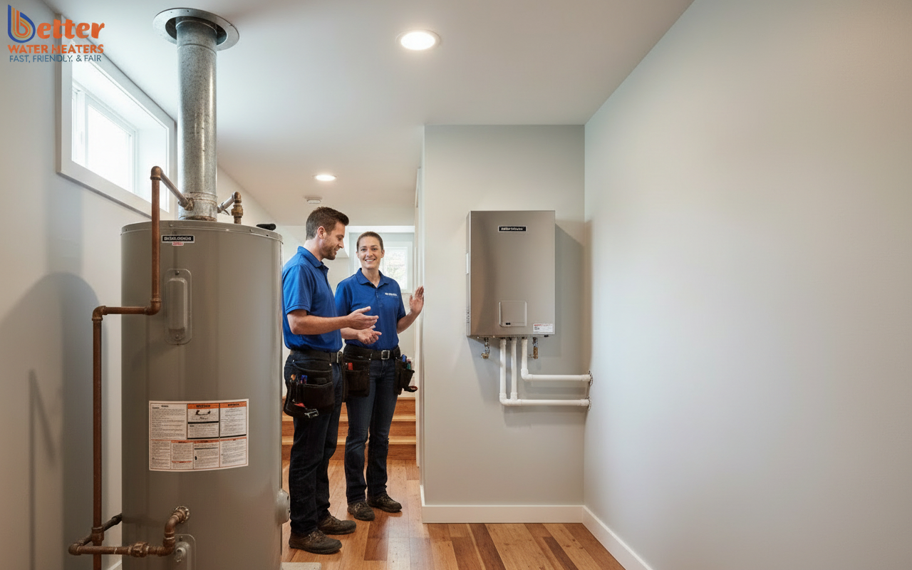 Comparison of old tank vs modern small space water heater in SF home