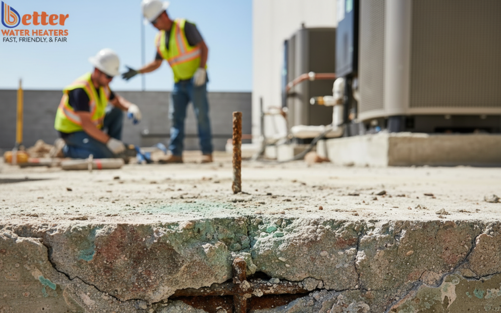 Close up of foundation damage water heater acid runoff caused on a concrete stem wall