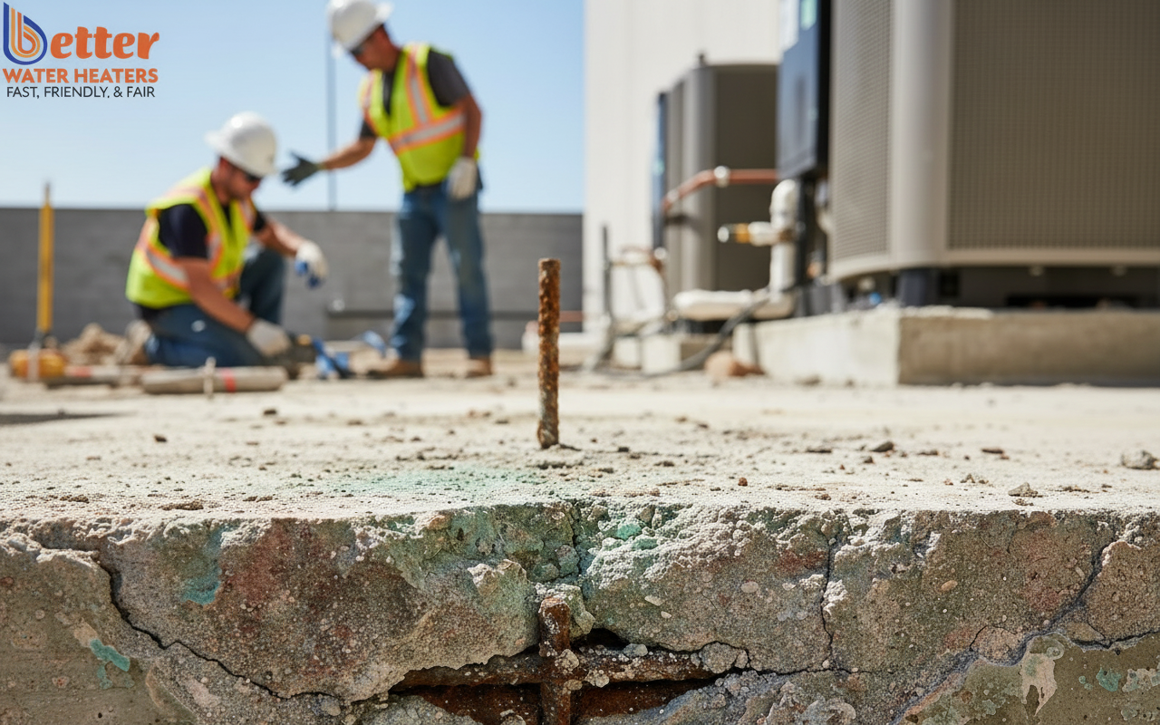 Close up of foundation damage water heater acid runoff caused on a concrete stem wall