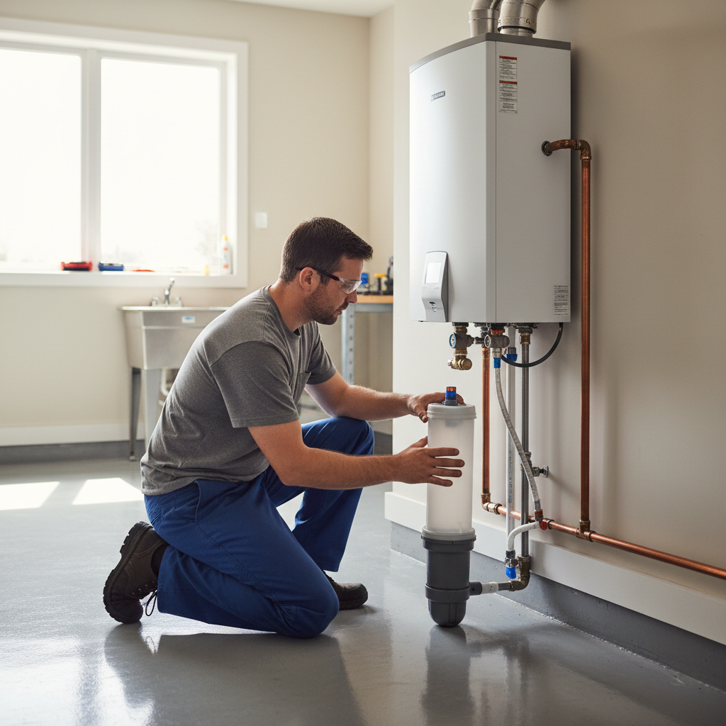 A professional installing a tankless condensate neutralizer to prevent foundation damage