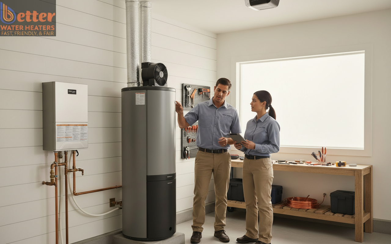 Comparison of tankless vs heat pump water heater units installed in a Bay Area garage