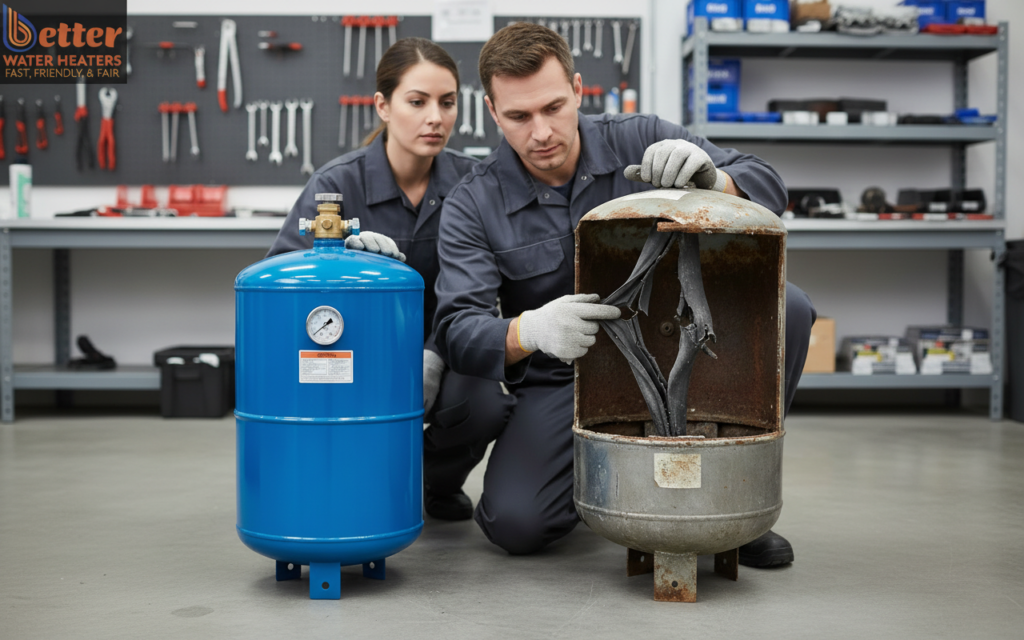 Comparison of healthy vs ruptured diaphragm showing thermal expansion tank failure