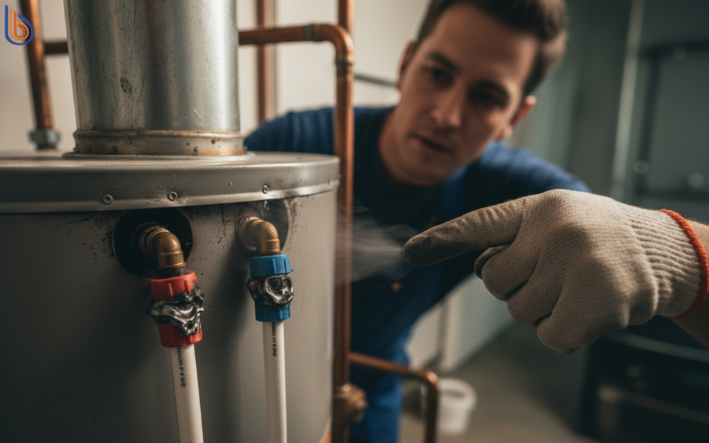 Close up of water heater backdrafting signs including melted plastic rings and soot