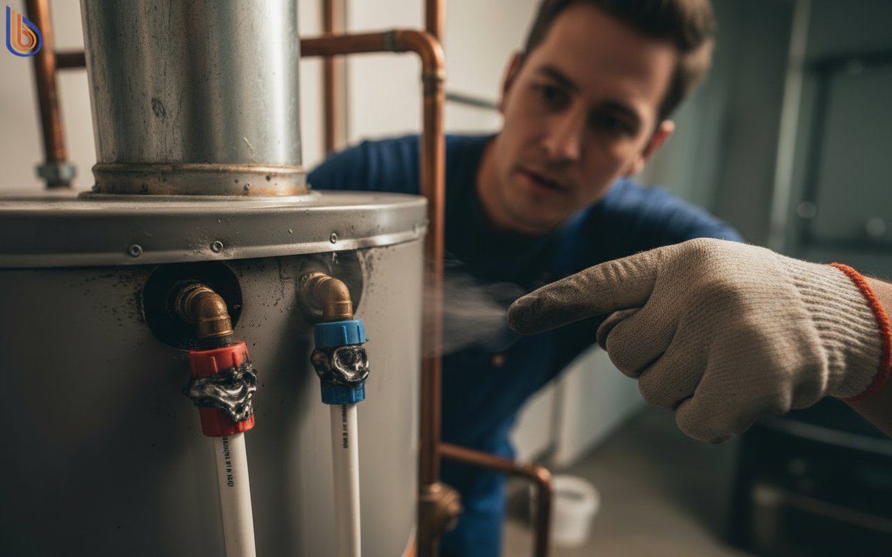 Close up of water heater backdrafting signs including melted plastic rings and soot
