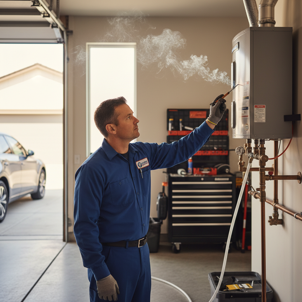 Professional plumber testing for water heater backdrafting using a smoke pen