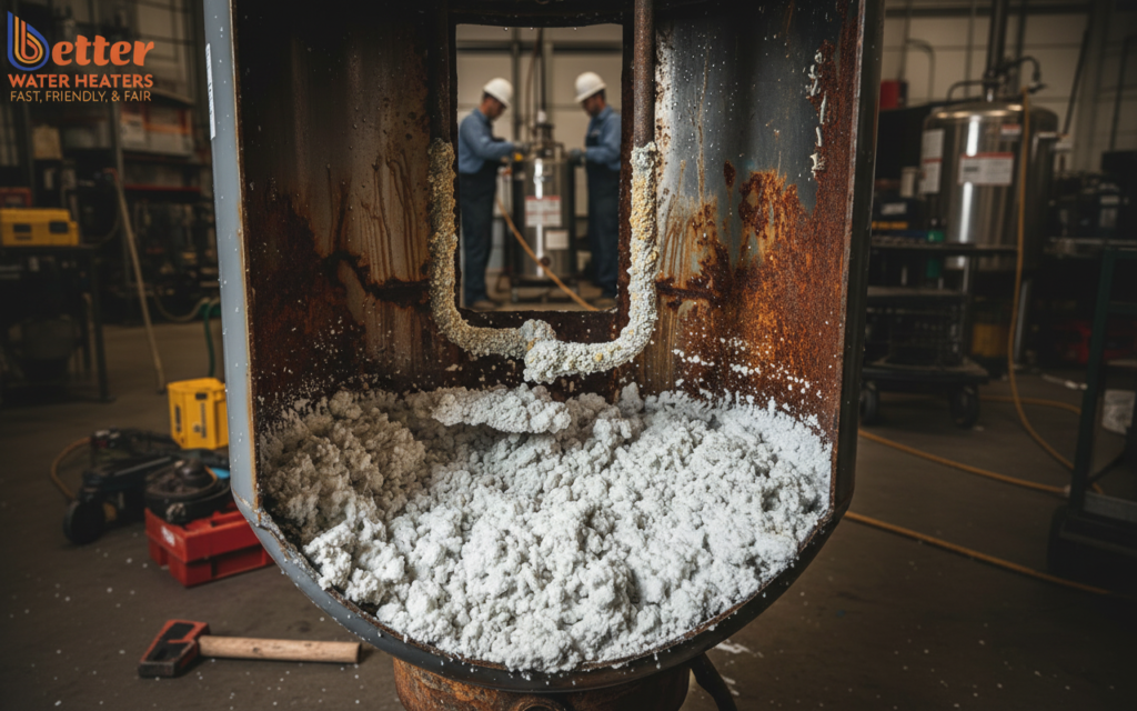 Severe water heater sediment buildup inside a ruptured tank