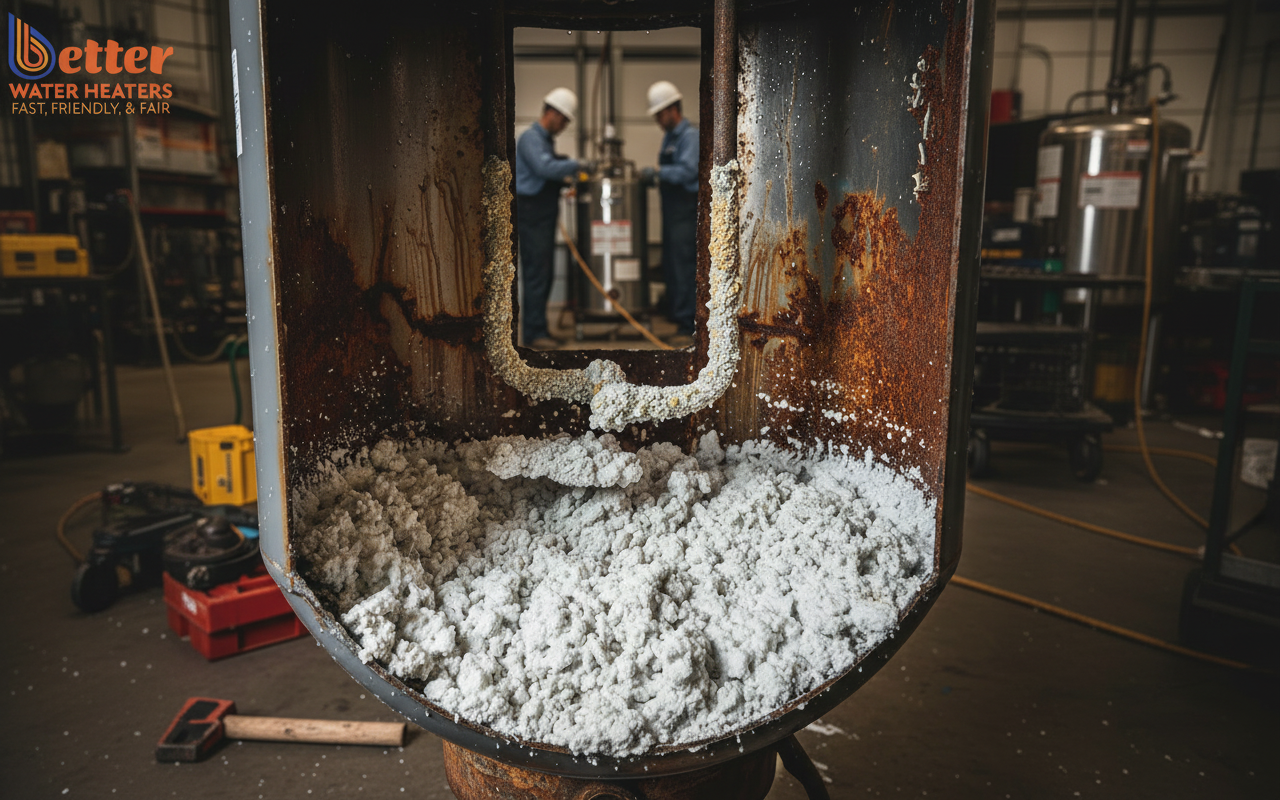 Severe water heater sediment buildup inside a ruptured tank