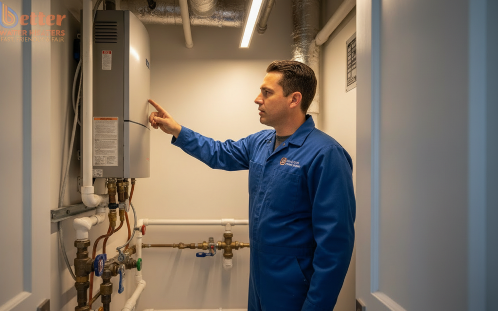Specialist inspecting water heater short cycling in a San Mateo condo