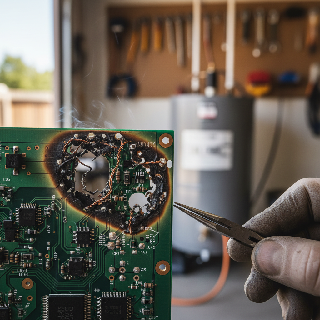 Fried water heater motherboard caused by oversized water heater problems