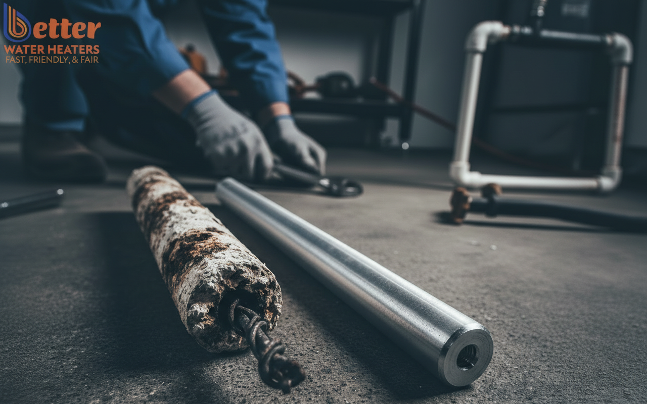 Close up of water softener corrosion on a sacrificial anode rod compared to a new rod
