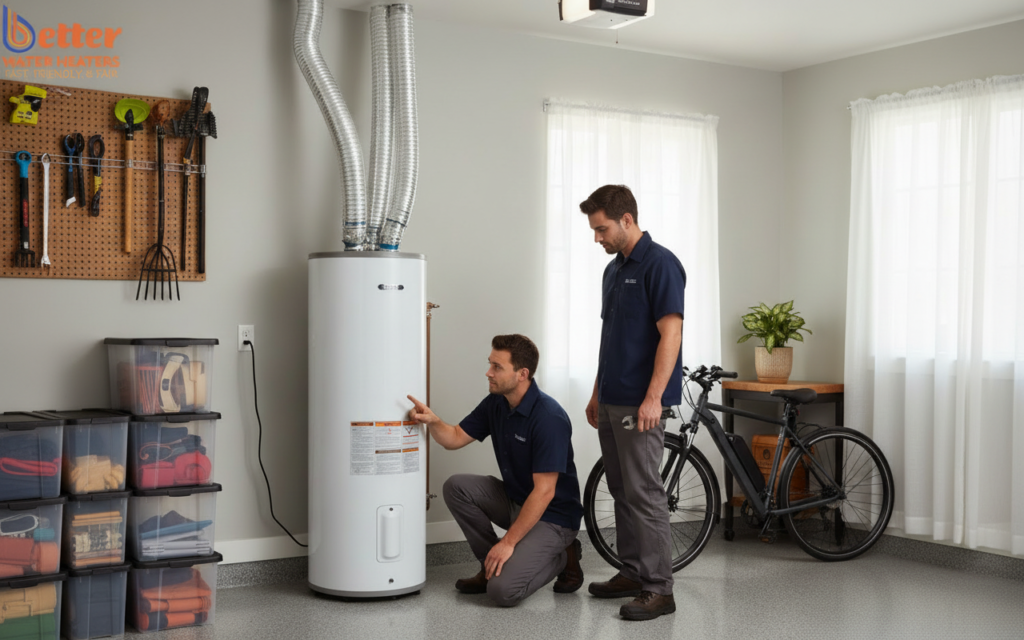 Professional installation of a 120V heat pump water heater in a San Jose garage