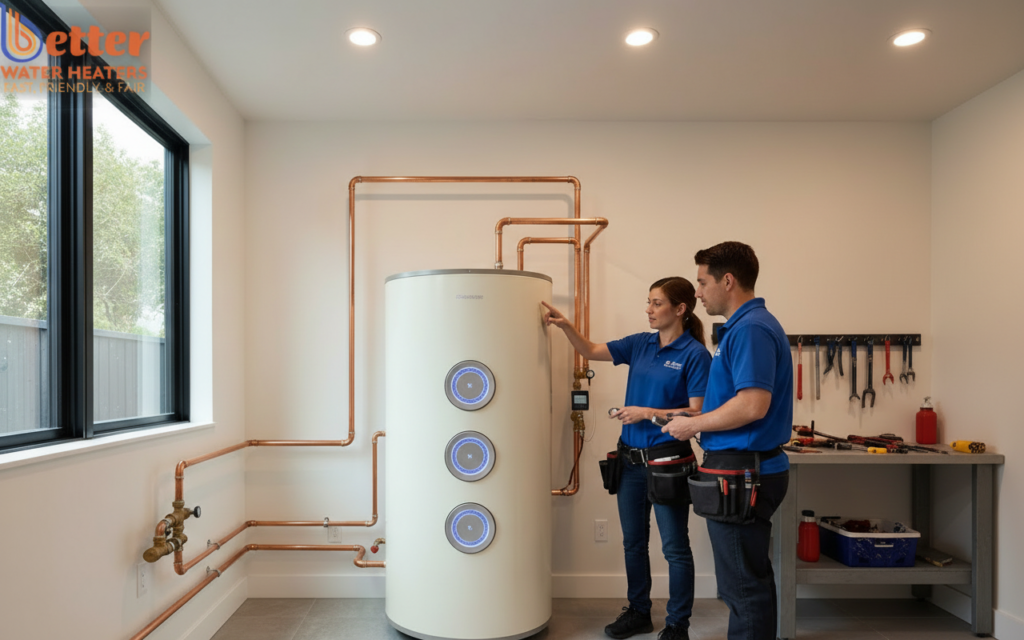 Modern home office infrastructure featuring a resilient heat pump water heater installation